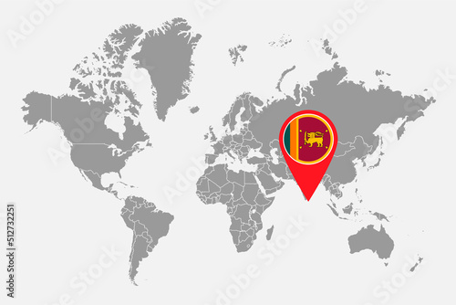 Fototapeta Naklejka Na Ścianę i Meble -  Pin map with Sri Lanka flag on world map. Vector illustration.