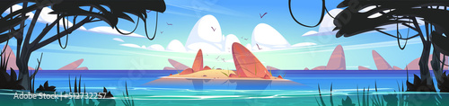 Ocean or sea nature landscape with shallow or land with rocks in clean water under fluffy clouds and gulls flying in sky and lianas on trees. Panoramic seascape background, Cartoon vector illustration