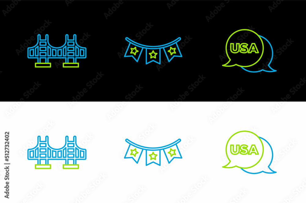 Set line USA Independence day, Golden gate bridge and Carnival garland with flags icon. Vector