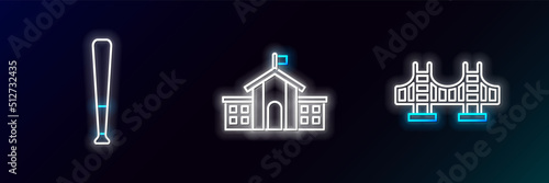 Set line Golden gate bridge, Baseball bat and United States Capitol Congress icon. Glowing neon. Vector