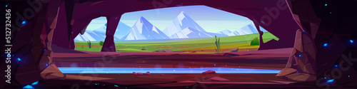 View from cave in mountain with scenery nature landscape of rocks, green valley and blue sky. Hidden underground cavern with clear lake inside, panoramic game background, Cartoon vector illustration