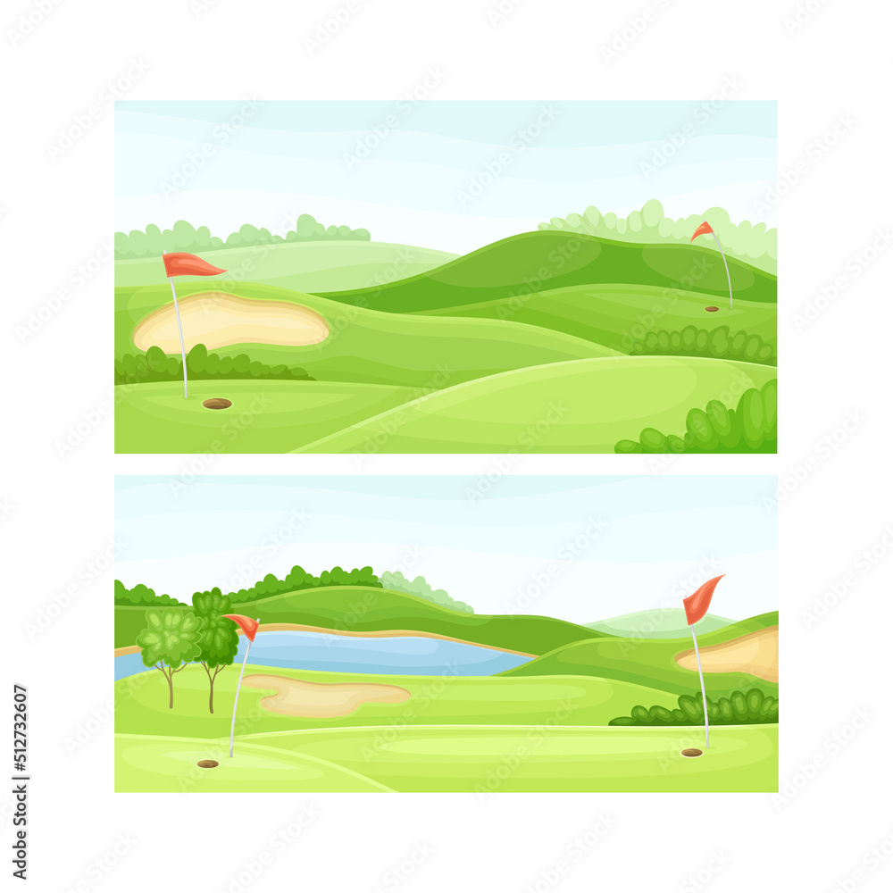 Set of golf course with green lawn, pond, sand bunker and red flags vector illustration