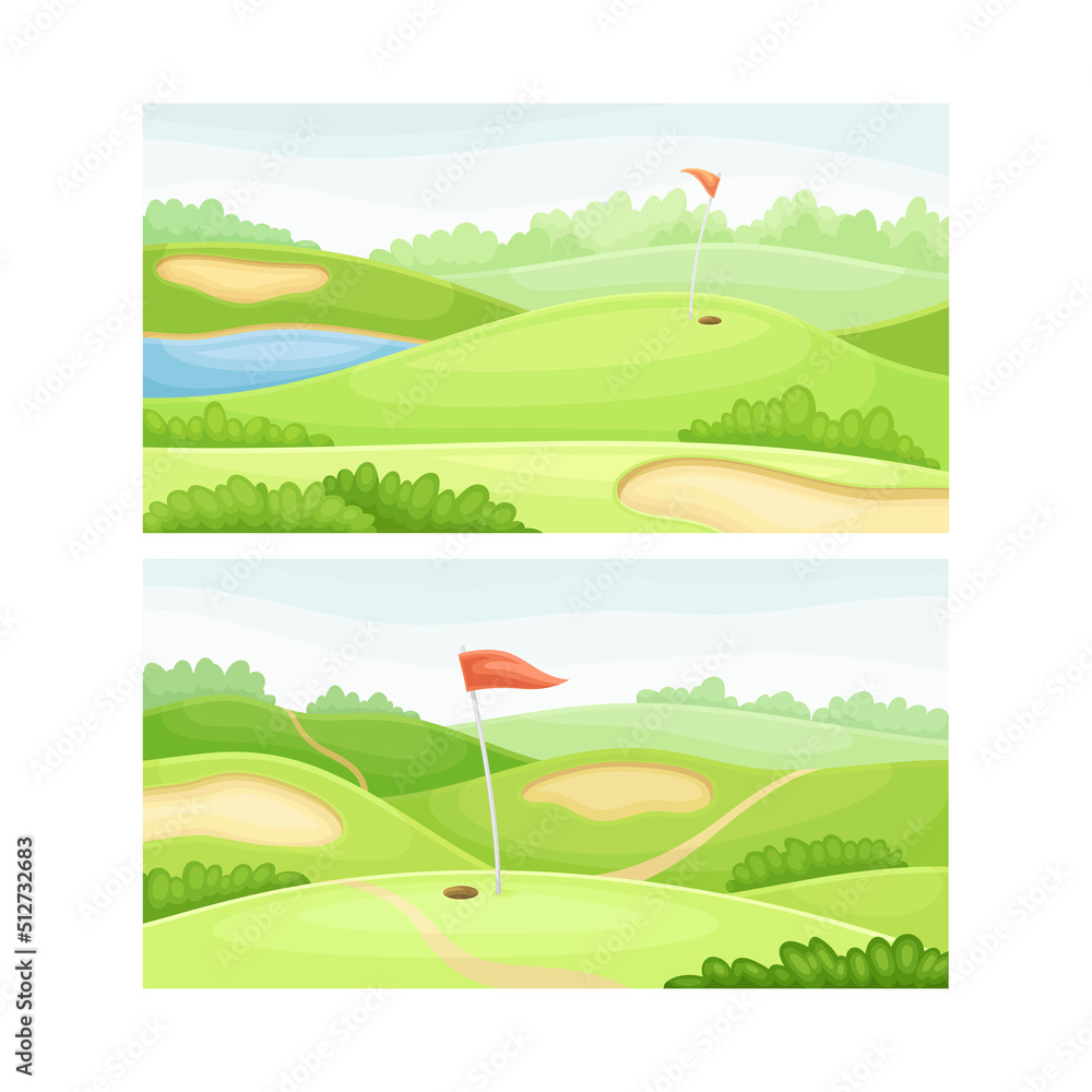 Fototapeta premium Golf course with green lawn, pond and red flags at sunny day vector illustration