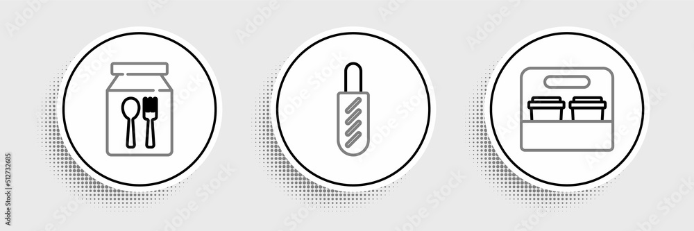 Set line Coffee cup to go, Online ordering and delivery and Hotdog sandwich icon. Vector Set line Coffee cup to go, Online ordering and delivery and Hotdog sandwich icon. Vector