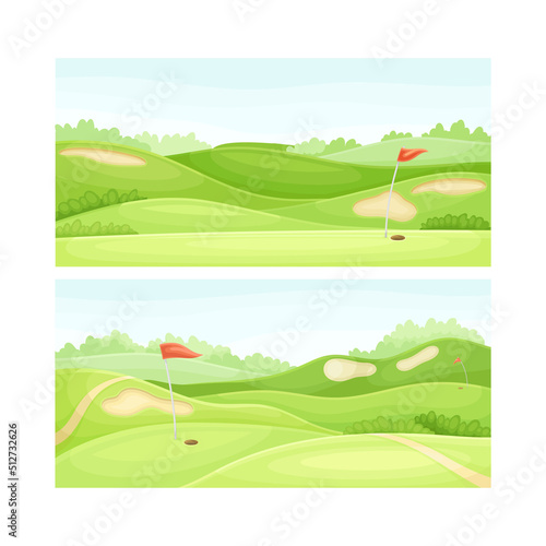 Golf course with green lawn, sand bunker and red flags vector illustration