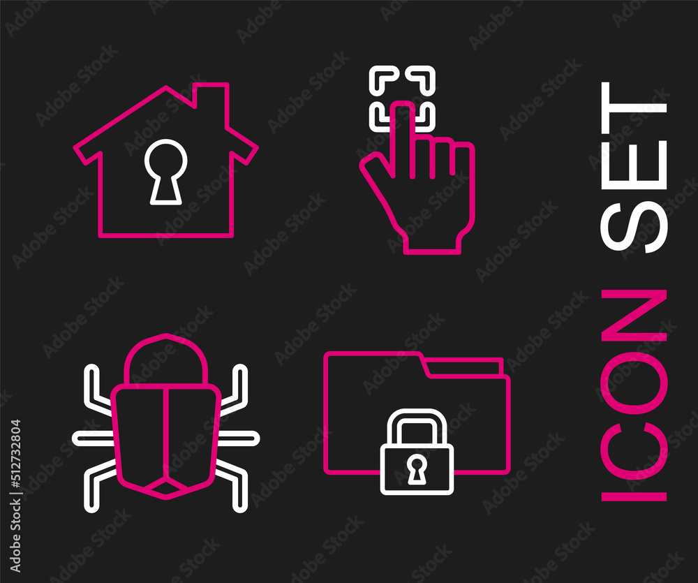 Set line Folder and lock, System bug, Fingerprint and House under protection icon. Vector Set line Folder and lock, System bug, Fingerprint and House under protection icon. Vector