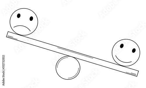 Hand drawn swing with a smiling smiley face and a sad one. Emotional balance. Doodle style. Vector