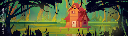Wooden stilt house above swamp in forest. Abandoned shack stand on piles in deep wood, witch hut, panoramic game background, fantasy mystic nature landscape with marsh pond Cartoon vector illustration