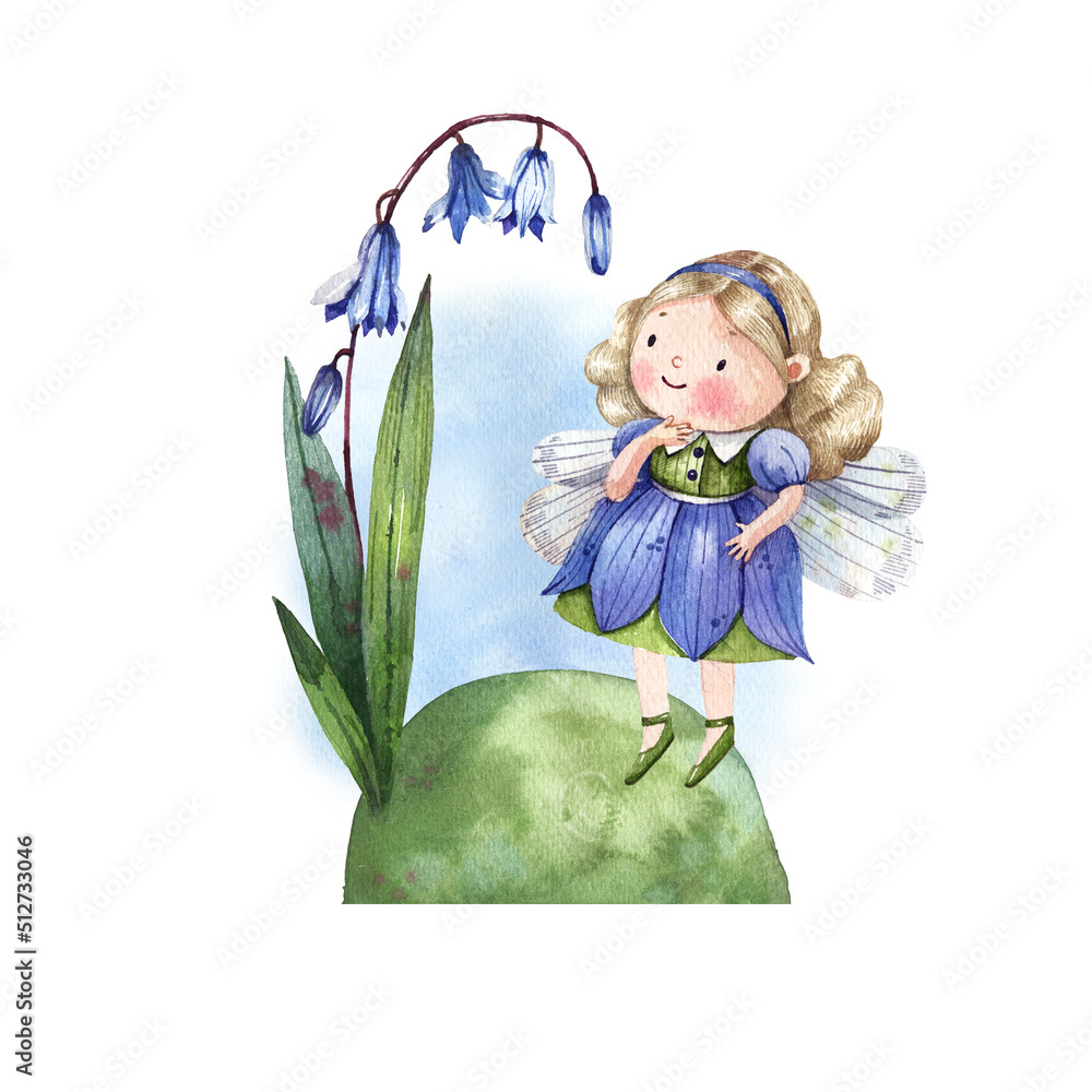 Watercolor floral illustration with bluebell flowers and garden fairy ...