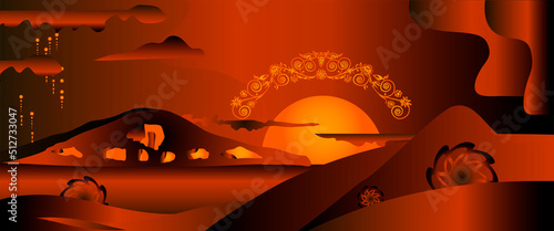 Fantastic sunset in the Scythian steppe. Ancient sculpture of the Scythians on the background of the mound