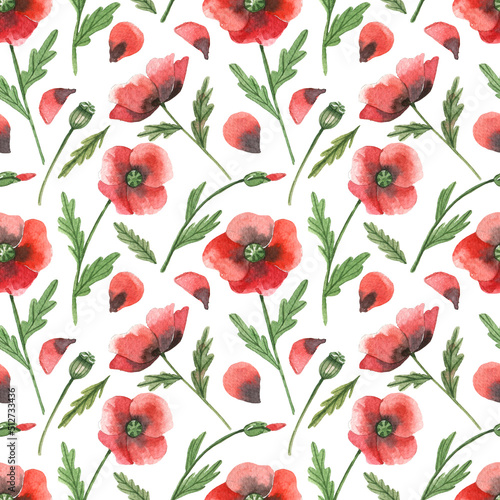 Watercolor floral pattern with red poppies on a white background. Seamless floral background for fabrics, textiles, paper, wallpapers, etc. © Tonia Tkach