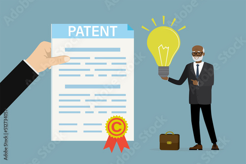 Bureau clerk grants patent for new idea. Intellectual property document. Author holds light bulb. Patent protection, copyright reserved, product trademark that cannot copy.