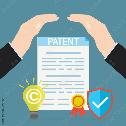 Big hands cover and protecting patent. Intellectual property paper document with shield. Patent protection, copyright reserved or product trademark that cannot copy. Protect business ideas.