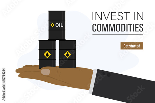 Businessman hand holding barrels of oil. Invest in commodities. Male trader recommends investments in oil and gas. Profit from raw materials. Expectation of asset growth.
