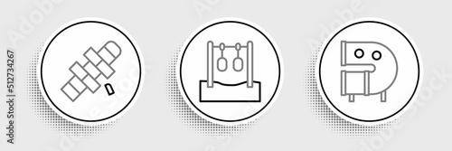 Set line Kid playground slide pipe, Hopscotch and Gymnastic rings icon. Vector
