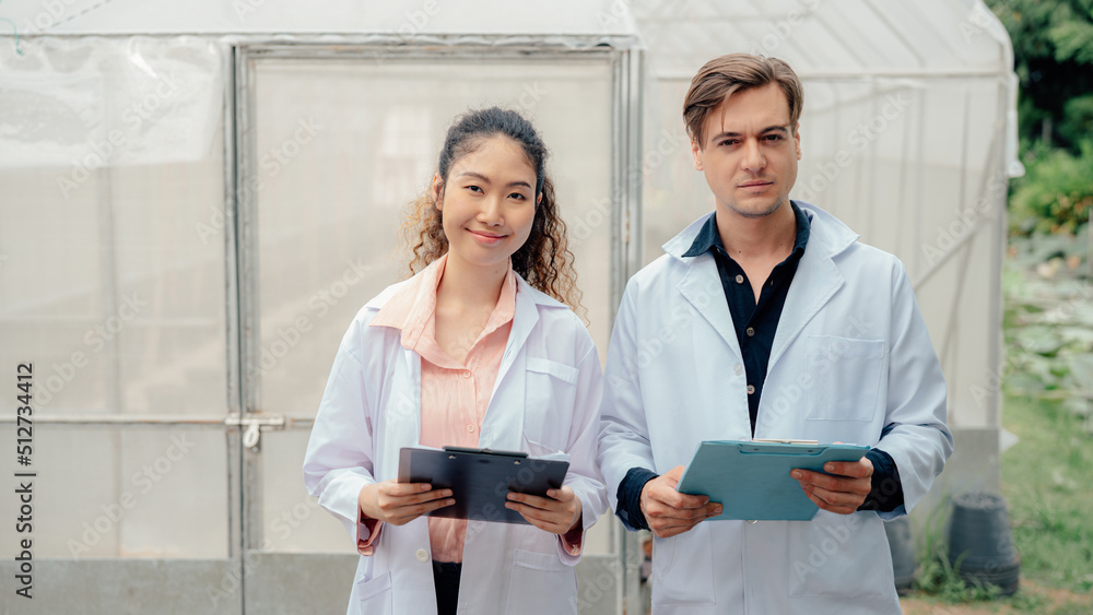 Portrait of Scientists examined the quality of vegetable organic farm and recorded them in the clipboard. Portrait of Scientists examined the quality of vegetable organic farm and recorded them in the clipboard.