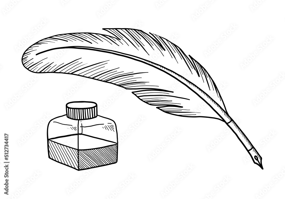 VECTOR FOUNTAIN PEN AND INK ISOLATED ON A WHITE BACKGROUND. DOODLE