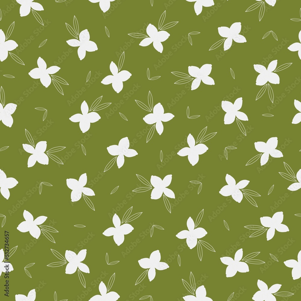 Simple vintage pattern. Cute white flowers and leaves on a green background. Fashionable print for textiles and wallpaper.