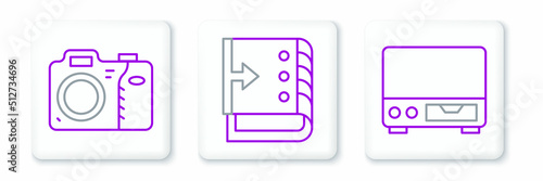 Set line Old video cassette player, Photo camera and Sound mixer controller icon. Vector