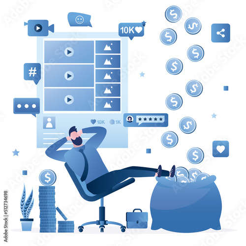 Monetize your blog. Businessman blogger creates media content and receives payments. Advertising revenue, earnings. Online business, marketing in social media. Vlogger rest near money bag.