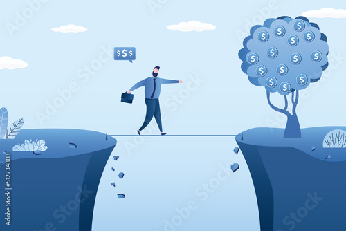 Confident businessman walks to success on tightrope over an abyss. Balance between risk and profit. Cash gap, debt restructuring. Money tree with profit, wealth. Risk management.