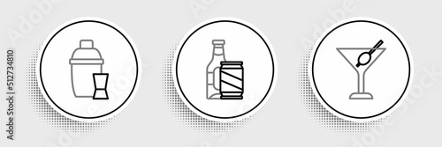 Set line Martini glass, Cocktail shaker and Beer bottle and beer can icon. Vector