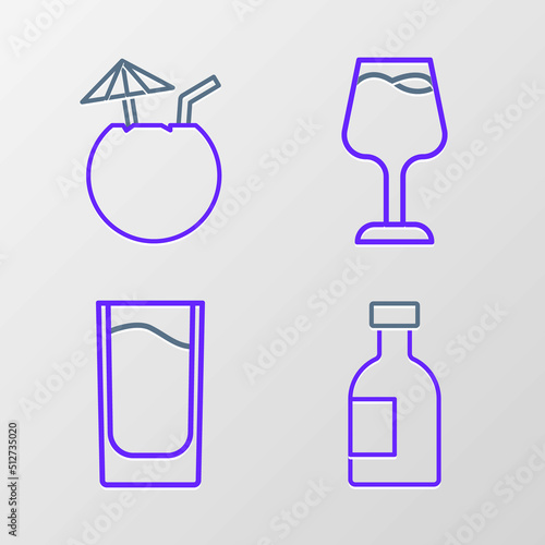 Set line Glass bottle of vodka  Shot glass  Wine and Coconut cocktail icon. Vector