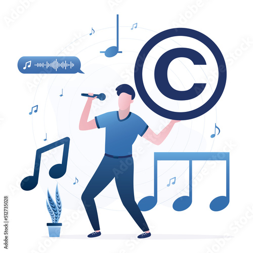 Creativity musician, male singer sings songs. Author holds copyright sign. Authorship, Exclusive rights. Protection of intellectual property. Patent, ownership of musical products.