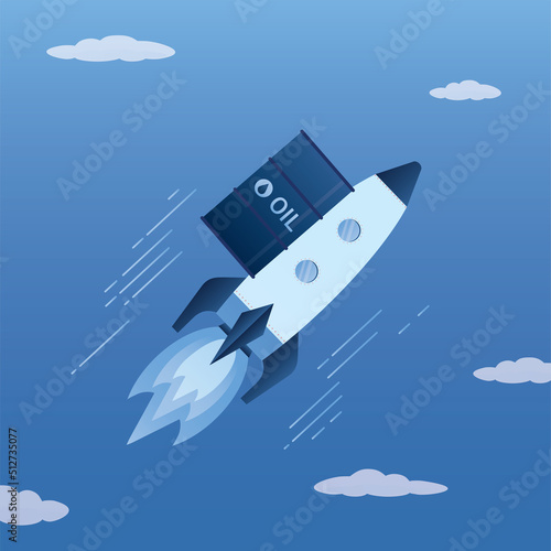 Fuel, gas or energy price rising up. Rocket with oil gallon flying high up into the sky. Crude oil price skyrocket reaching record high due to war crisis. Concept of price rising.