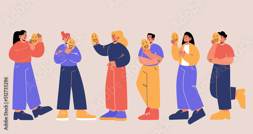 Sad male and female characters hiding faces behind of smiling masks expressing fake positive emotions. Men and women disguising real feelings, bipolar disease, Line art flat vector illustration