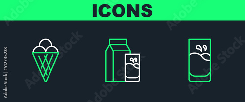 Set line Glass with milk, Ice cream in waffle cone and Paper package for kefir icon. Vector