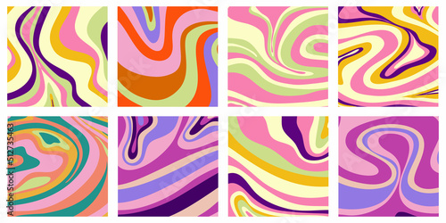 Trippy trendy background set Psychedelic design. y2k, 70s, hippie style. Abstract floral illustration. Vector illustration design. Psychedelic groovy wave