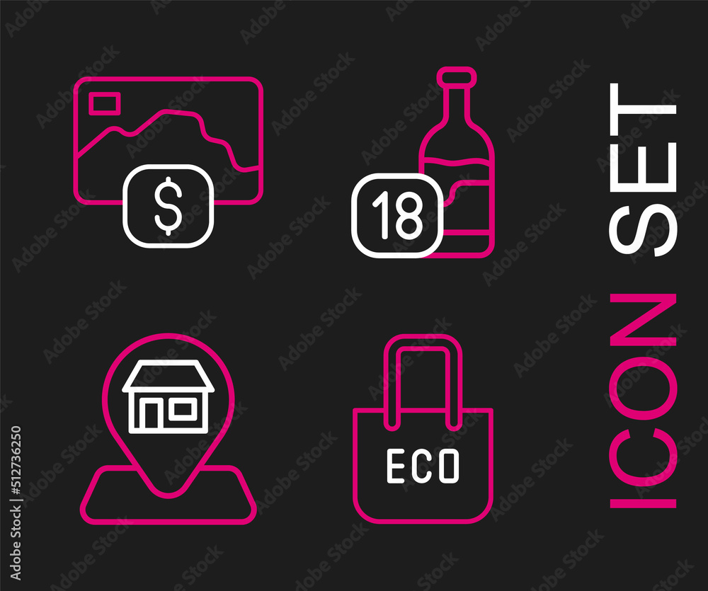 Set line Shopping bag with recycle, Location Market store, Wine bottle and Credit card icon. Vector Set line Shopping bag with recycle, Location Market store, Wine bottle and Credit card icon. Vector
