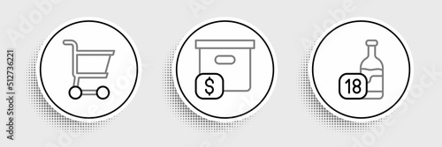 Set line Wine bottle, Shopping cart and Carton cardboard box with price icon. Vector