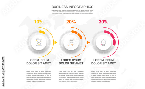 Business vector infographics with three circles and arrows. Timeline visualization with 3 steps for diagram, flowchart, banner, presentations, web, content, levels, chart, graphic