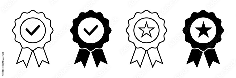 Approved or certified medal icon set with outline and flat style. Certified badge for graphic design Approved or certified medal icon set with outline and flat style. Certified badge for graphic design