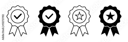 Approved or certified medal icon set with outline and flat style. Certified badge for graphic design