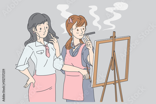 Vape girl cartoon style holding vapor electric  cigarette with activities flat vector illustration