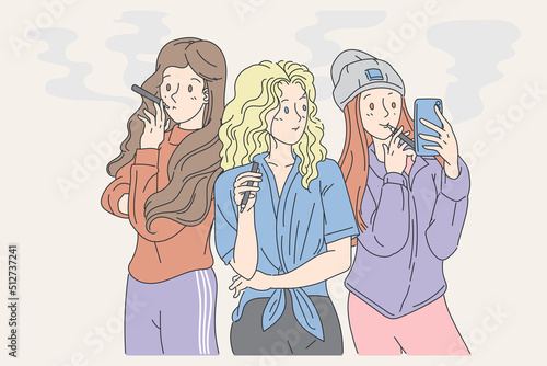 Vape girl cartoon style holding vapor electric  cigarette with activities flat vector illustration