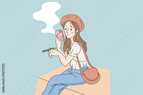 Vape girl cartoon style holding vapor electric  cigarette with activities flat vector illustration