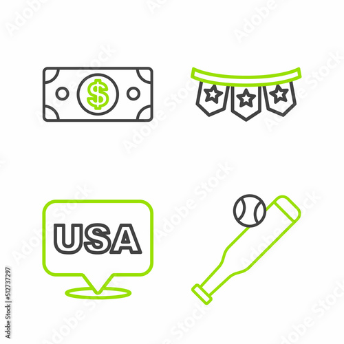 Set line Baseball bat with ball, USA Independence day, Carnival garland flags and Stacks paper money cash icon. Vector