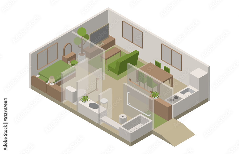 アイソメトリック バリアフリー住宅イラスト アイソメトリック バリアフリー住宅イラスト