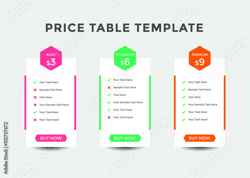 Colorful comparison pricing template. Pricing or subscription plan pricing chart. Price chart template
