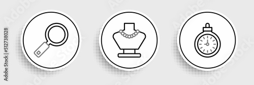Set line Pocket watch, Magnifying glass and Necklace on mannequin icon. Vector