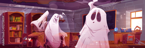 Spooky ghosts in old magic school classroom. Halloween background with scary spirits. Vector cartoon illustration of haunted abandoned class interior with flying phantoms
