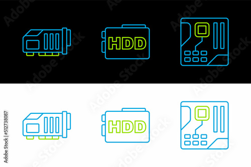 Set line Motherboard digital chip, Video graphic card and Hard disk drive HDD icon. Vector