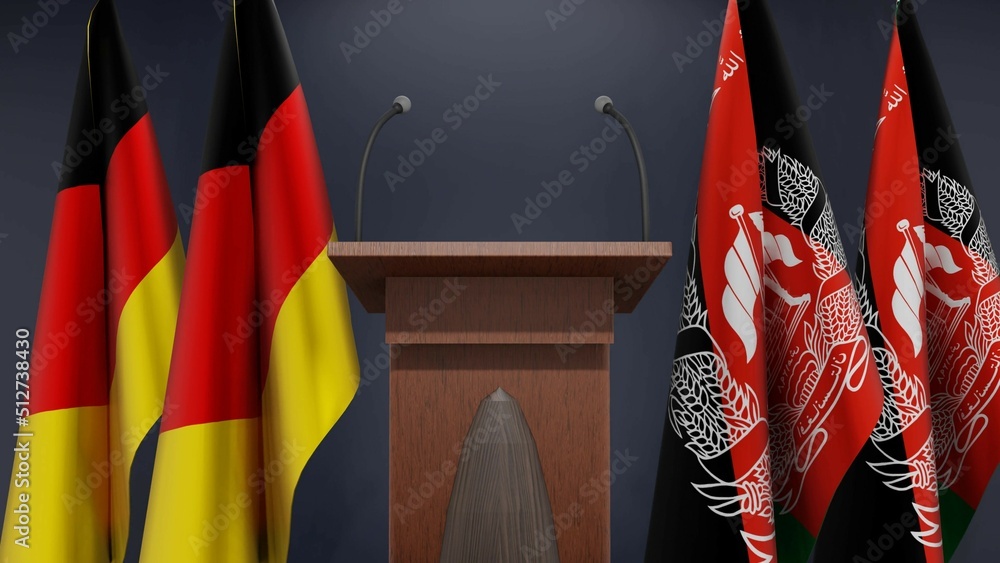 Flags of Germany and Afghanistan at international meeting or negotiations press conference. Podium speaker tribune with flags and coat arms. 3d rendering
