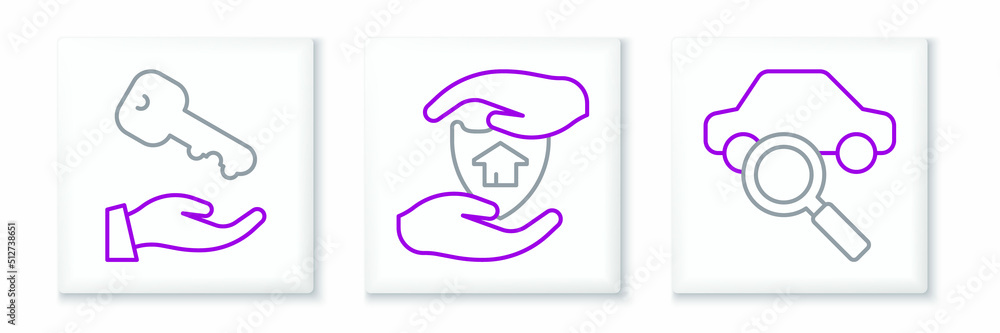 Set line Car sharing, House key and with shield icon. Vector Set line Car sharing, House key and with shield icon. Vector
