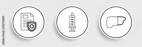 Set line Human organ liver, Patient record and Syringe icon. Vector