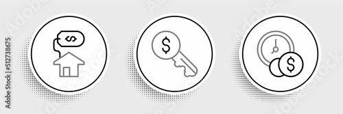 Set line Time is money, House with dollar and Rent key icon. Vector